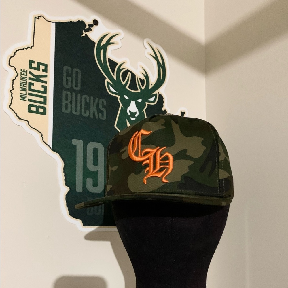 Chrome Hearts Green Camouflage Hat with Orange Emblem